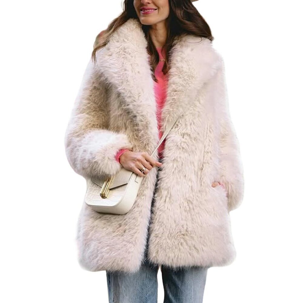 Long Faux Fur Coat Lapel Jacket Winter Outerwear Fluffy Fuzzy